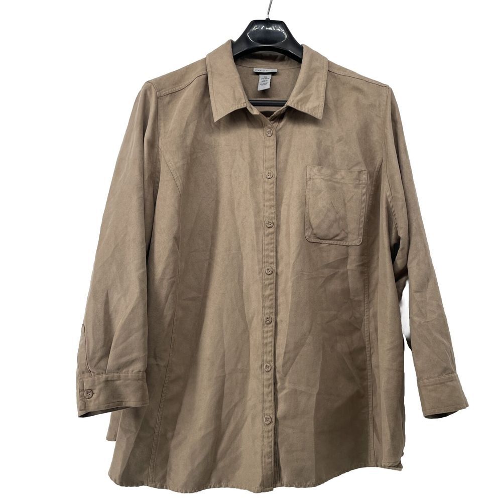 Catherines Faux Suede Top Women's 3X Tan Button Up Long Sleeve Western Boho